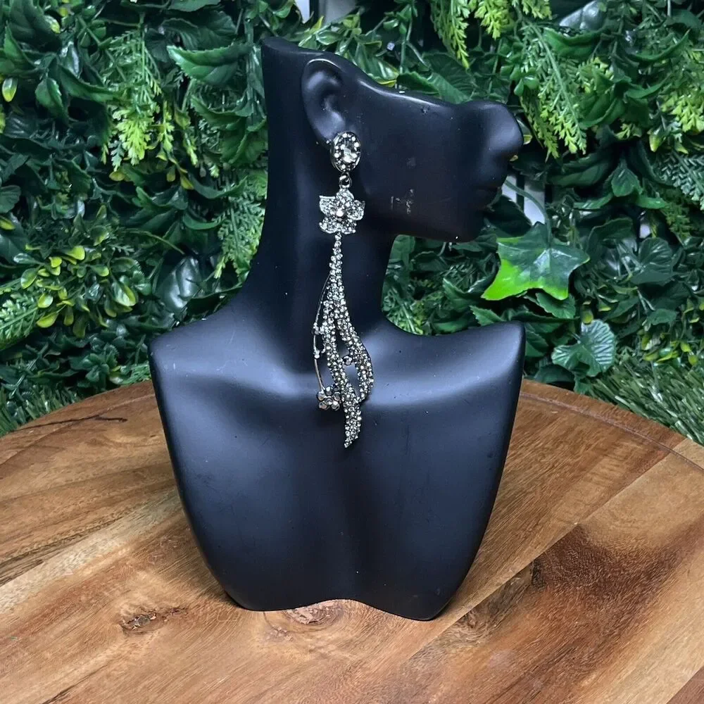 Earrings Women Dark Silver Tone And Stone Fashion‎ Dangle Drop 4.5 Inch 2127